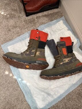 Sorel Olive Camo Lace-Up Boots with Orange Cuff Accent